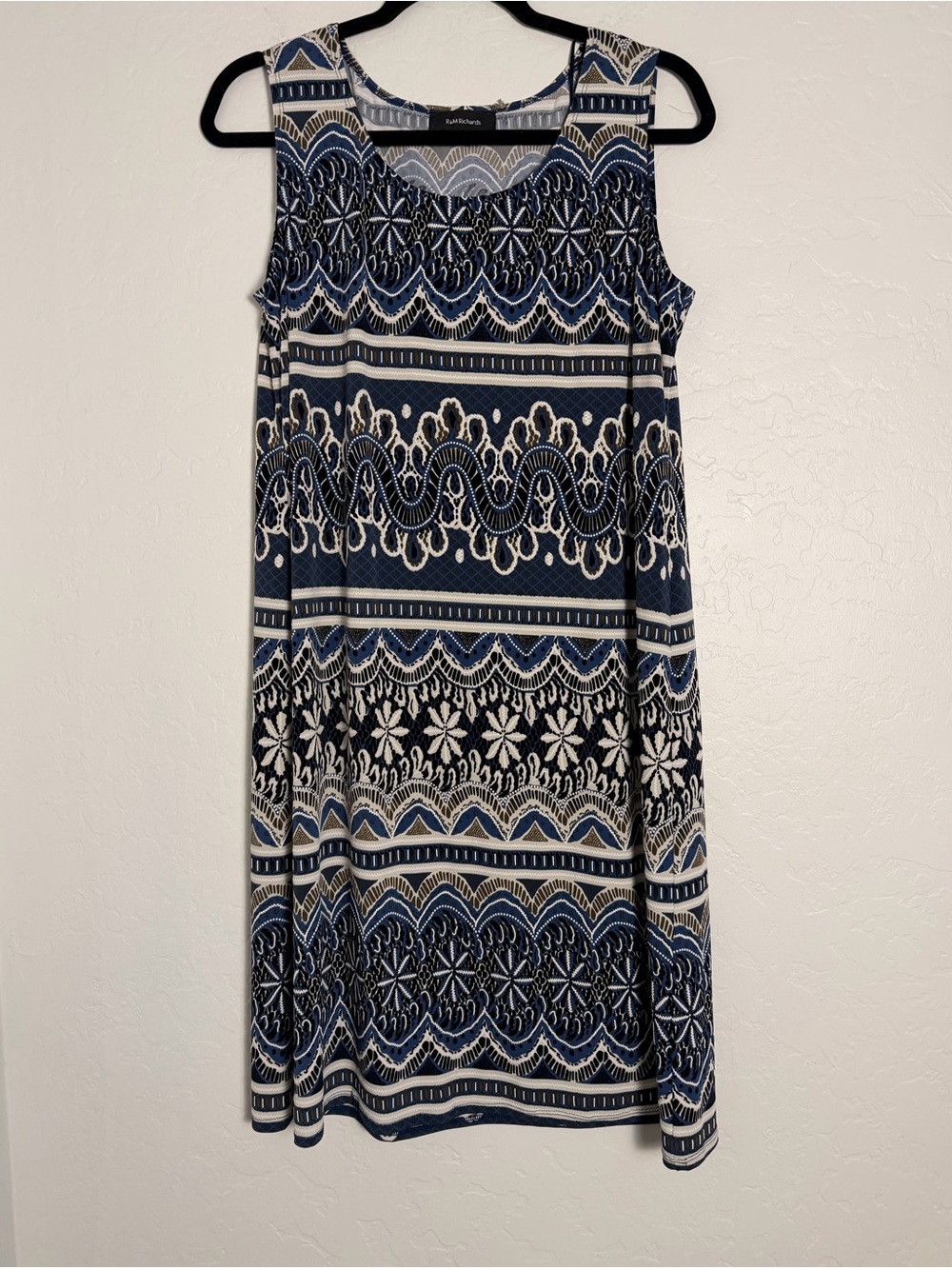 R&M Richards Women's Sz14 Shift Dress Navy/Cream Sleeveless Stretchy Relaxed Fit